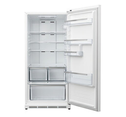 Fototapeta premium An open refrigerator door with an empty white interior.