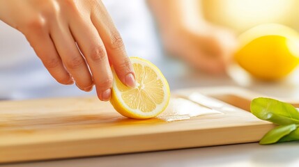 Close up of chef preparing fresh citrus fruit slicing a zesty lemon for culinary use.