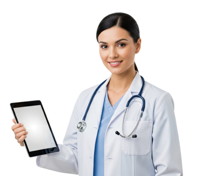 A female doctor holding a tablet with a blank screen. - Powered by Adobe