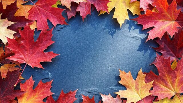 An arrangement of vibrant autumn maple leaves encircling a blue-grey stone