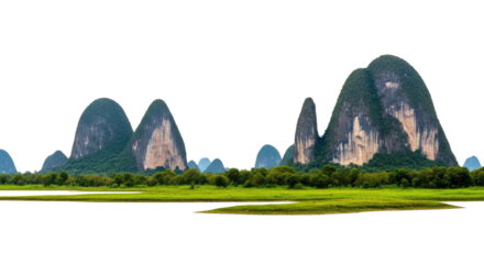 Landscape of lush green mountains and grassy fields with a river in the foreground.