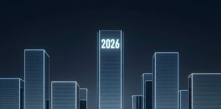 Futuristic cityscape with glowing skyscrapers and 2026 projection - Powered by Adobe