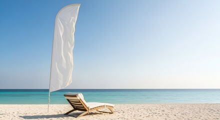 Serene white flag billows gently beside an empty lounge chair on a pristine sandy beach with calm