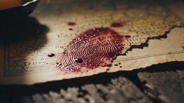 Blood Fingerprint on Antique Map Evokes Crime Scene Investigation and Historical Mystery in Dimly Lit Room