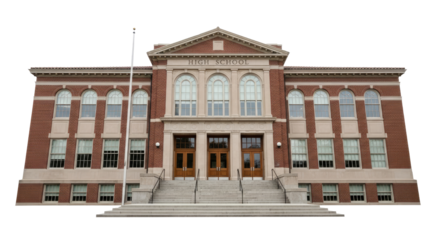 A large, red brick high school building with a flagpole in front.