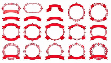 Collection of Elegant Red Ribbon Frames and Decorative Elements for Design.