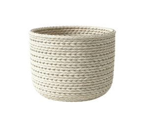 A white woven basket with a natural texture and a neutral color palette.