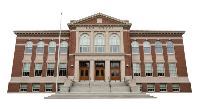 A large, red brick high school building with a flagpole in front.