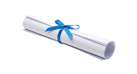 A rolled-up diploma or certificate with a blue ribbon.