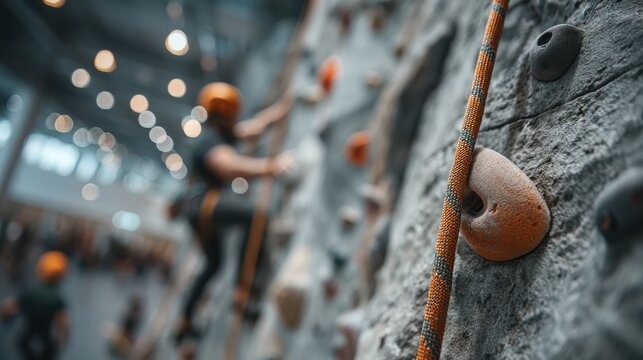 A climbing coach assists a climber on an indoor rock wall during a training session.