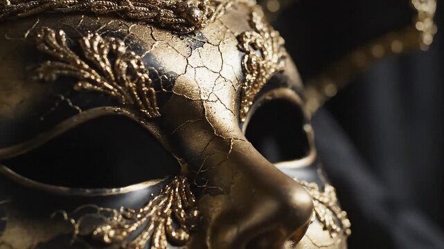 Close-up of an ornate gold Venetian mask with intricate designs and leaf patterns against a dark background.