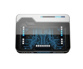 A futuristic, metallic device with a circuit board design, glowing blue lights, and a sleek, modern aesthetic.