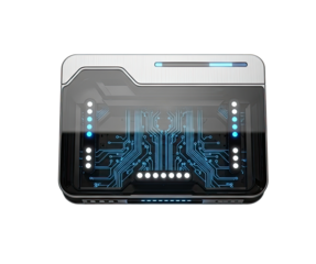 A futuristic, metallic device with a circuit board design, glowing blue lights, and a sleek, modern aesthetic.
