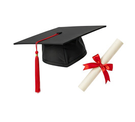 A graduation cap and diploma with a red ribbon.