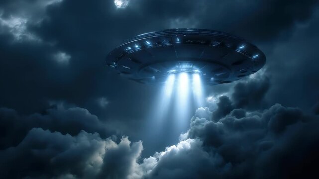 A large flying saucer breaks through dark storm clouds. Beams of light shine down into the space below. This event occurs at night in an unknown location