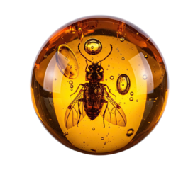 A transparent amber sphere containing a beetle inside, with bubbles and a png transparent