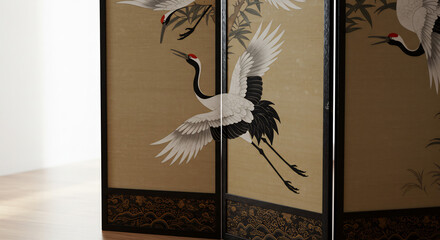 Traditional Japanese screen featuring majestic cranes gracefully soaring across golden panels enhancing serene decor. AI Generated