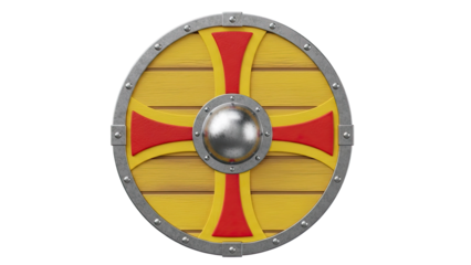 Circular Wooden Viking Shield with Red and Yellow Cross