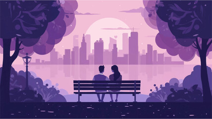 A romantic illustration of a couple sitting on a park bench, watching the sunset over a city skyline across a calm lake, rendered in shades of purple and pink.