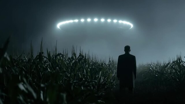 A man stands in a quiet cornfield at night, looking up at a UFO. The object glows and rotates above him, filling the sky with light. The field is empty and dark