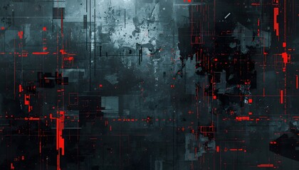 Abstract Dark Cyberpunk Technology Background with Red Glitch Accents and Digital Circuit Textures