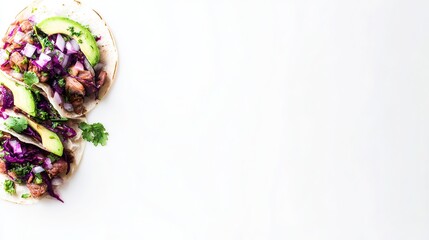 Restaurant Menu and Promotional Visual for Mexican Tacos, Vibrant Ingredients on White Background Perfect for Menu Layout and Ad Copy