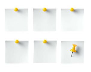 Six white square papers pinned with yellow tacks on a black background