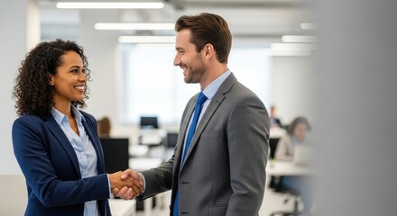 Two business professionals shaking hands in an office setting.