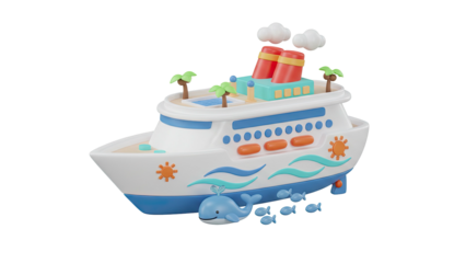 3D rendering of a vibrant cruise ship sailing through the ocean with palm trees on deck and playful sea creatures surrounding it