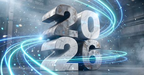 Marble 2026 numbers with neon lights in industrial background