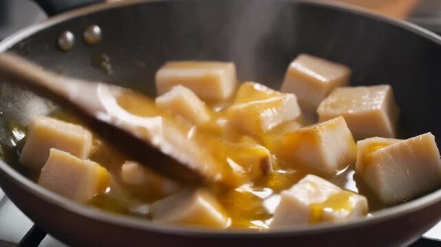 Close-up of large white cubes being saut��ed in golden oil or melted butter in a hot frying pan stirred by a wooden spoon during cooking prepara