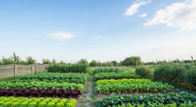 A vibrant vegetable garden with rows of green and red vegetables under a clear blue sky with scattered clouds.