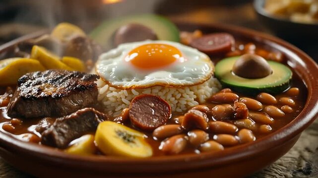 Traditional latin american platter bandeja paisa style dish with steak rice fried egg beans chorizo and avocado slices