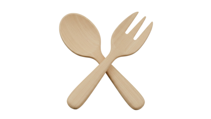 3D rendering of crossed wooden spoon and fork on white background