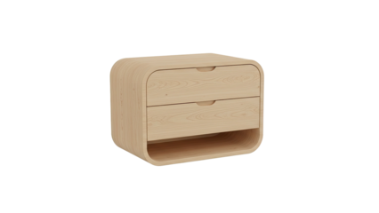 A 3D rendering of a minimalist wooden nightstand with two drawers and an open shelf against a white background