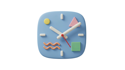 3D rendering of a blue alarm clock with colorful shapes and abstract designs on a white background