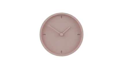 A 3D rendering of a minimalist clock face with a pale pink hue isolated on a white background