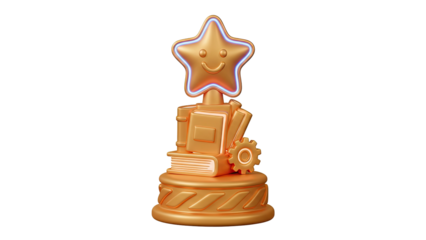 A 3D rendering of a golden trophy with a star on top, isolated on a plain white background