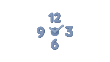 3D rendering of a clock face with blue numbers and hands on a white background