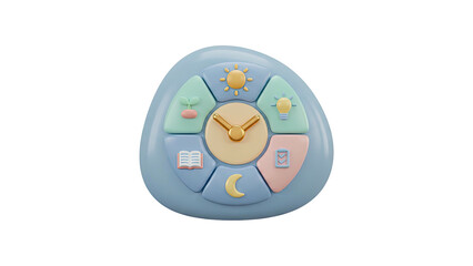 A 3D rendering of a blue educational toy with colorful clock and symbols