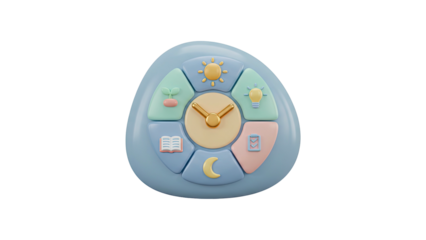 A 3D rendering of a blue educational toy with colorful clock and symbols