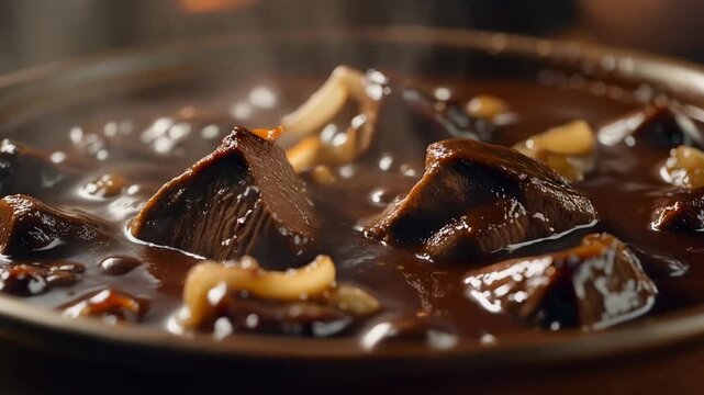 Rich steaming beef stew with dark gravy and caramelized onions simmering in a rustic bowl showcasing a hearty slow-cooked comfort meal.