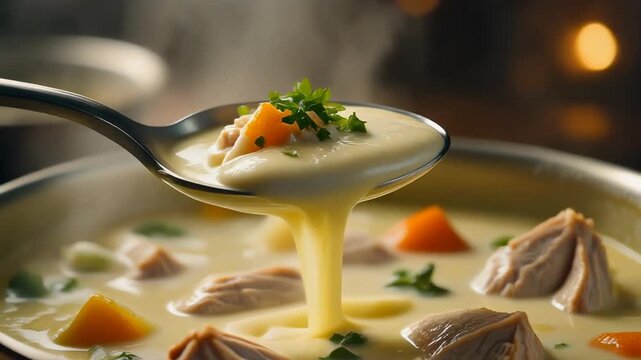 Rich creamy chicken soup with vegetables dripping from a spoon in a steaming bowl