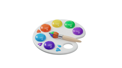 3d rendering of a colorful artist's palette with paintbrush on a clean white background