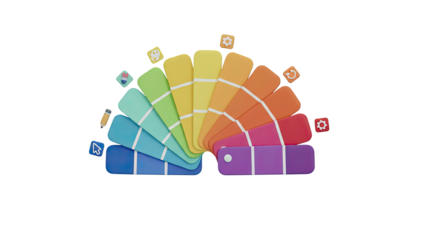 A 3D rendering of a colorful spectrum palette with blocks and icons in a graphic design environment