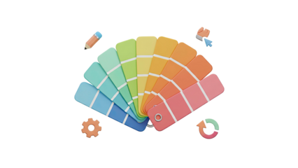 3D rendering of a colorful fan-shaped graphic design tool surrounded by various creative elements and icons