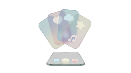 3D rendering of translucent cards floating above a mobile device with pastel icons on a white background