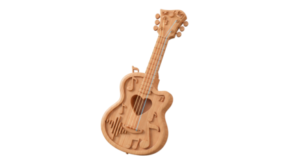 A 3d rendering of a wooden guitar with musical notes on a white background