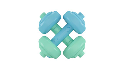 3D rendering of fitness equipment with dumbbells arranged symmetrically on a plain white background from a frontal viewpoint