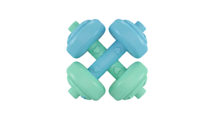 3D rendering of fitness equipment with dumbbells arranged symmetrically on a plain white background from a frontal viewpoint